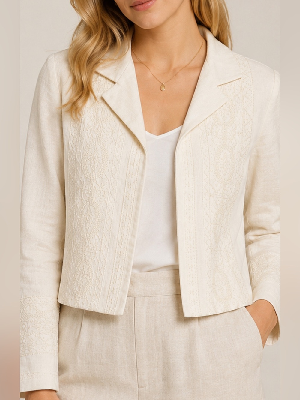 Linda Allard Ellen Tracy Linen Blend Embroidered Jacket Blazer Ivory Size 6